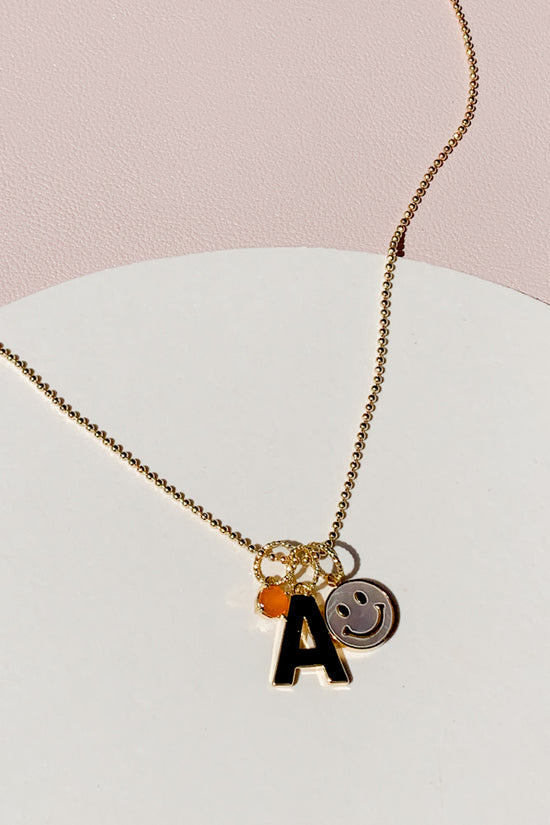 Load image into Gallery viewer, Smiley Birthstone Initial Trio Charm Necklace
